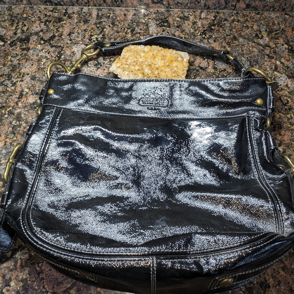 Coach Patent Leather Zoe Glossy Black Shoulder Retail Bag .